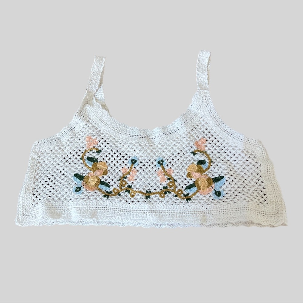 CROCHET WHITE COTTON BRALETTE WITH MULTI COLOR FLORAL STITCHING - SIZE SMALL